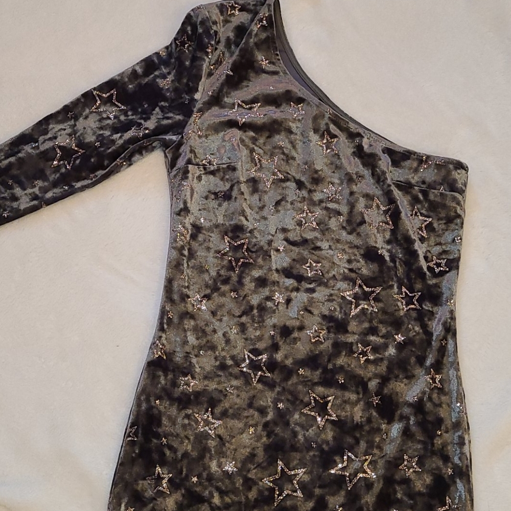 Topshop Size 2 Velvet Holiday Glitter Star Green Off Shoulder Dress - Picture 4 of 10